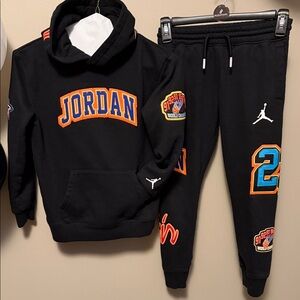 Jordan Kids Size 7 Black Sweatpants & Hoodie Set with Orange and Blue Accents
